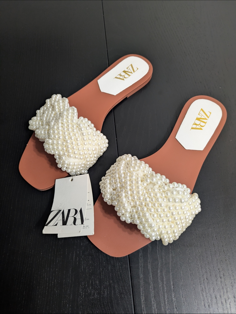 Zara Pearl-Embellished Rust Brown Slide Mules